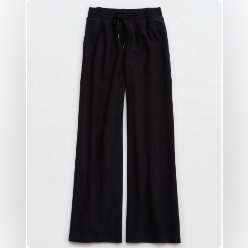 Aerie Soft Ribbed Black Wide-Leg Pants
